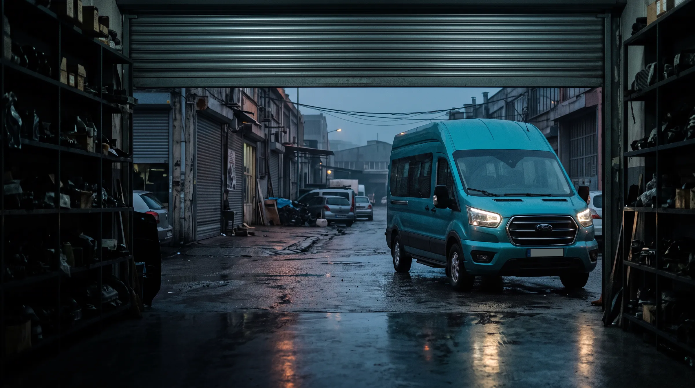Dükkânın içinden bakış: kepenk kalkmış, kapının önünde farları yanan turkuaz 2020 Ford Transit minibüs