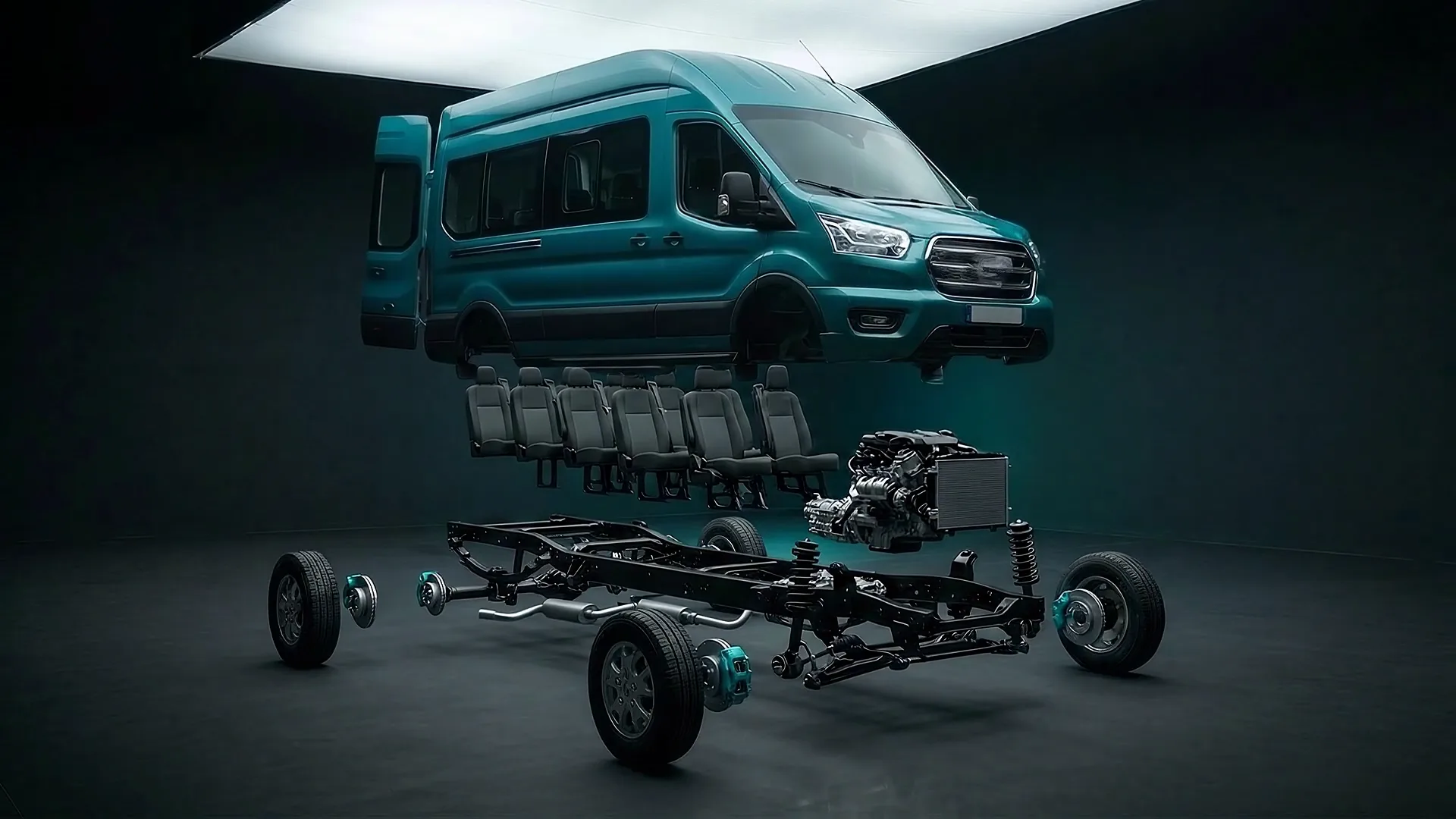 Sökülmüş turkuaz 2020 Ford Transit: kaporta havada, altında koltuk sıraları, motor, radyatör ve şanzıman, şasi, fren diskleri ve kaliperler, süspansiyon ve dışarı çekilmiş tekerlekler